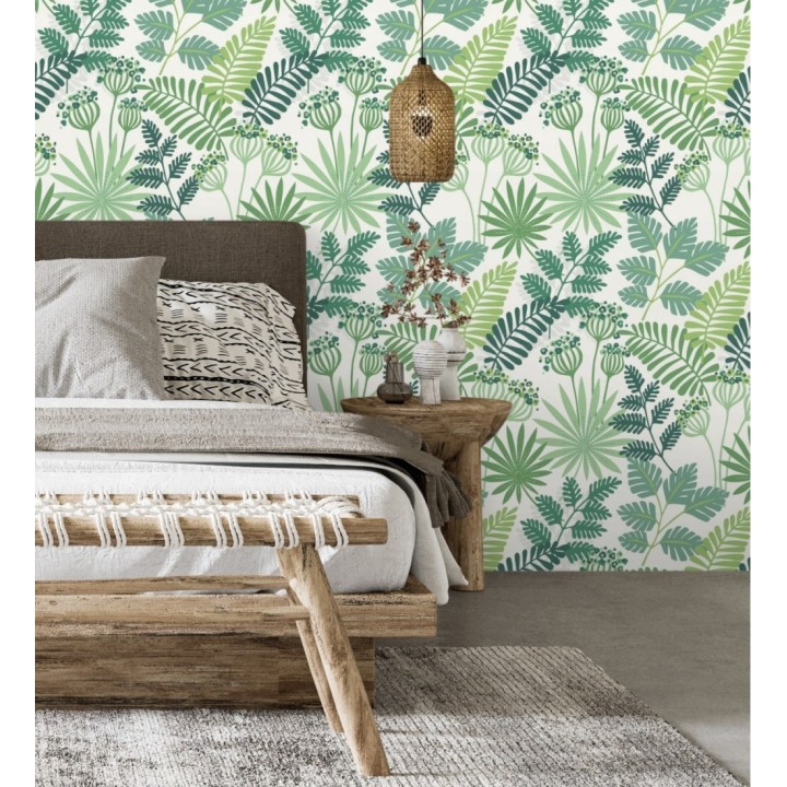 Papel pintado de flores y hojas color verde y blanco - Irish Garden 682330