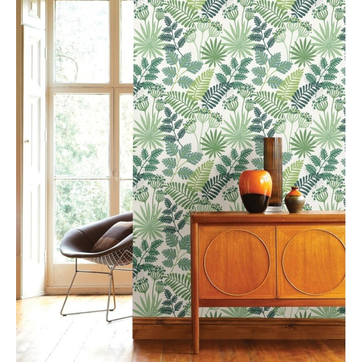 Papel pintado de flores y hojas color verde y blanco - Irish Garden 682330