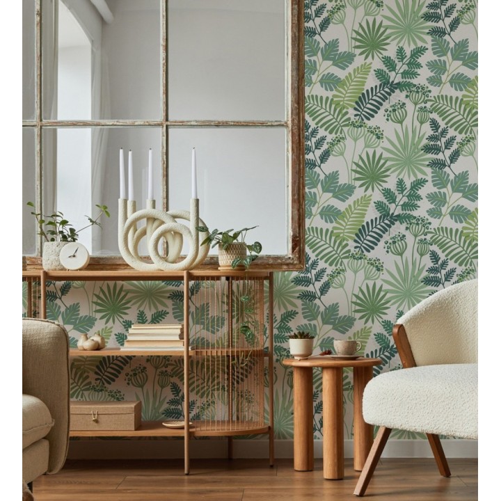 Papel pintado de flores y hojas color verde y blanco - Irish Garden 682330