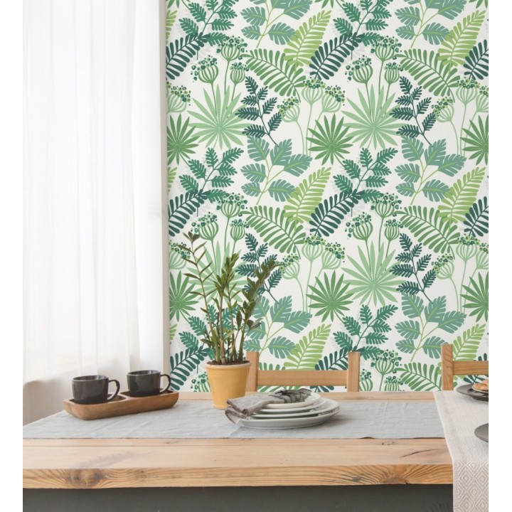 Papel pintado de flores y hojas color verde y blanco - Irish Garden 682330