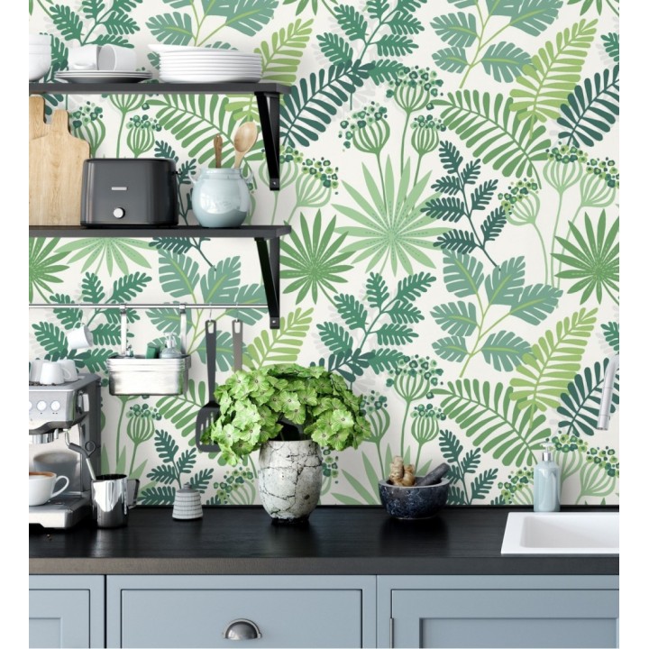 Papel pintado de flores y hojas color verde y blanco - Irish Garden 682330