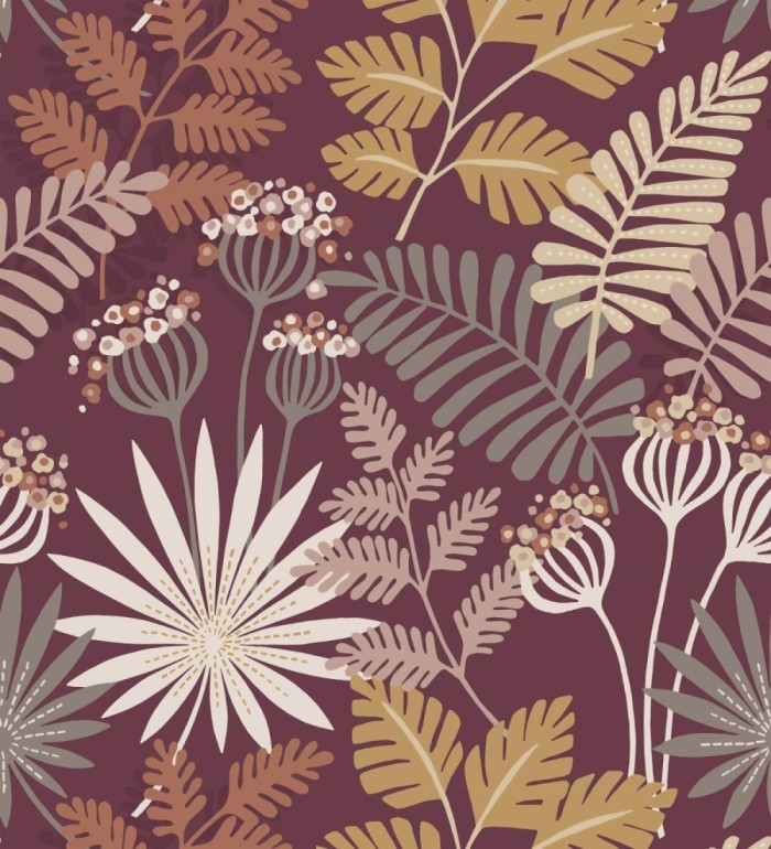 Papel pintado de flores y hojas color berenjena - Irish Garden 682331