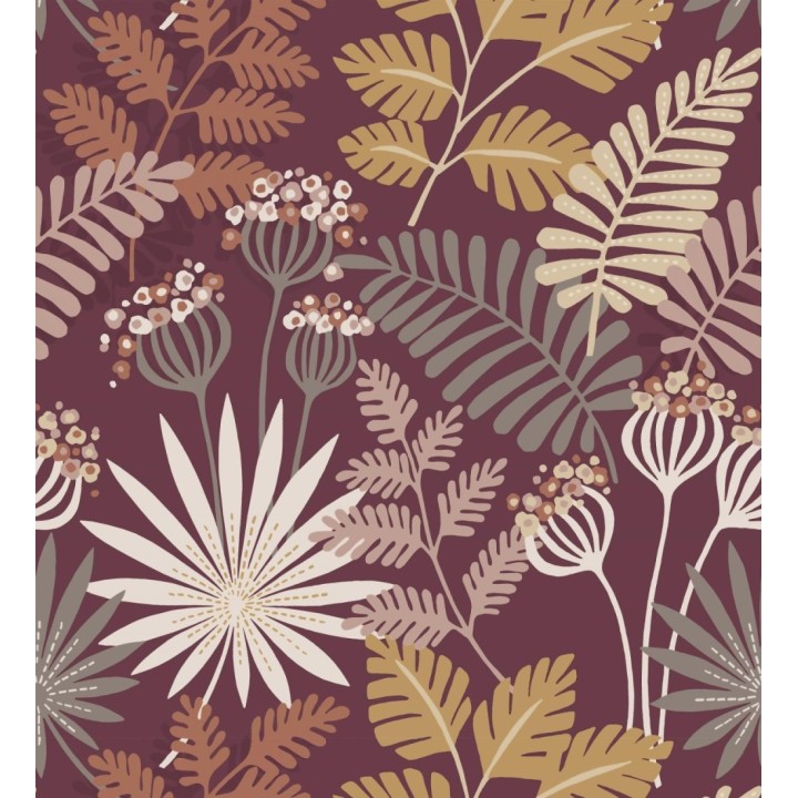 Papel pintado de flores y hojas color berenjena - Irish Garden 682331