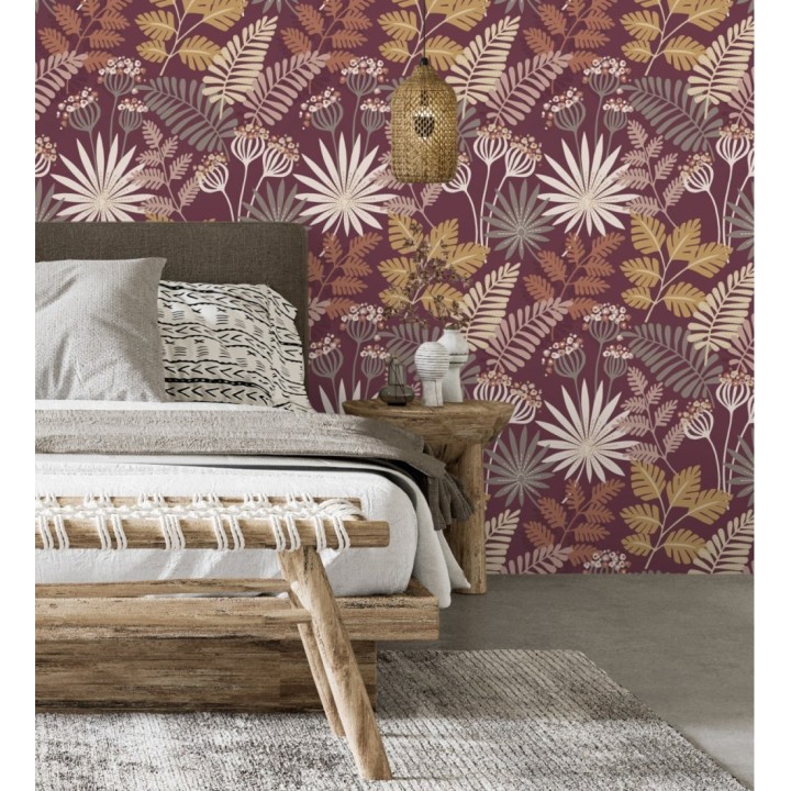 Papel pintado de flores y hojas color berenjena - Irish Garden 682331