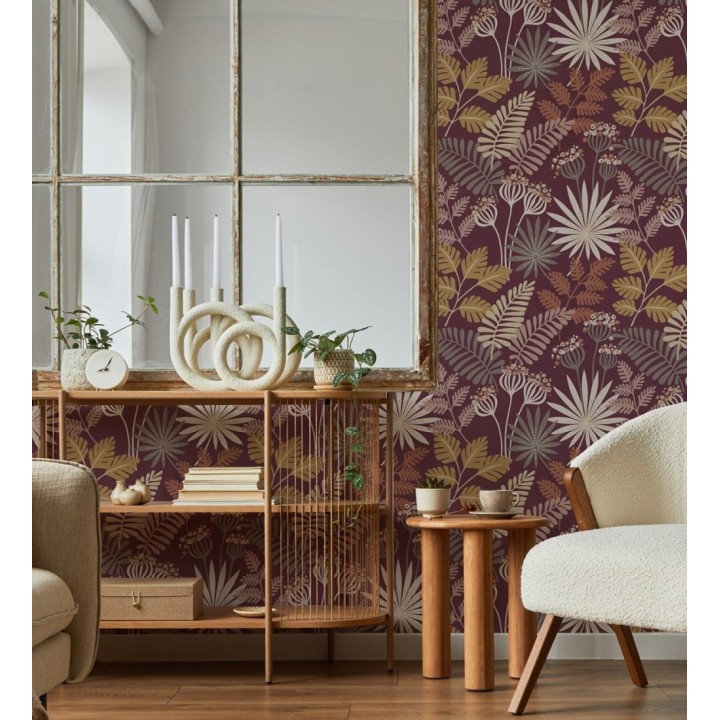 Papel pintado de flores y hojas color berenjena - Irish Garden 682331