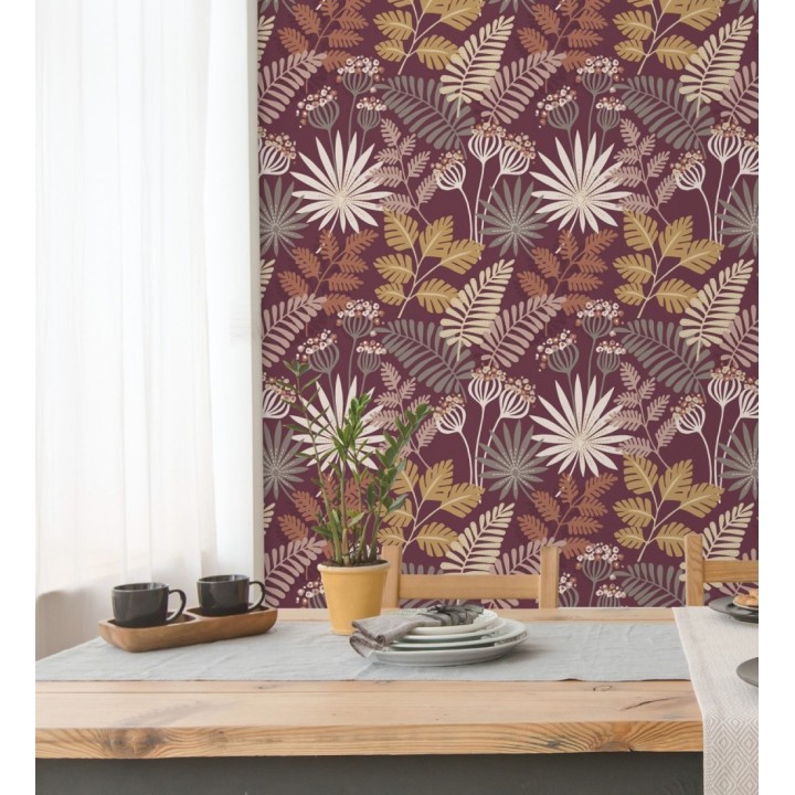 Papel pintado de flores y hojas color berenjena - Irish Garden 682331