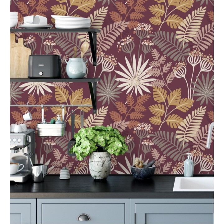 Papel pintado de flores y hojas color berenjena - Irish Garden 682331