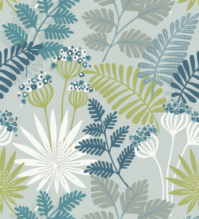 Papel pintado de flores y hojas color azul y verde - Irish Garden 682332