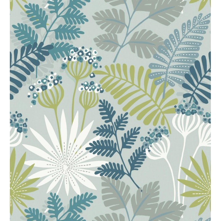 Papel pintado de flores y hojas color azul y verde - Irish Garden 682332