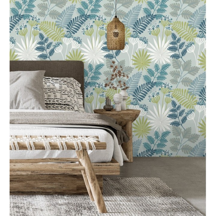 Papel pintado de flores y hojas color azul y verde - Irish Garden 682332