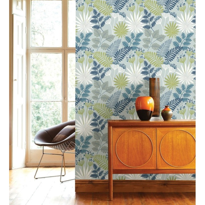 Papel pintado de flores y hojas color azul y verde - Irish Garden 682332