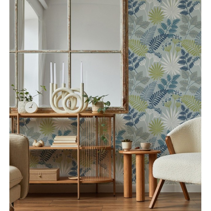 Papel pintado de flores y hojas color azul y verde - Irish Garden 682332