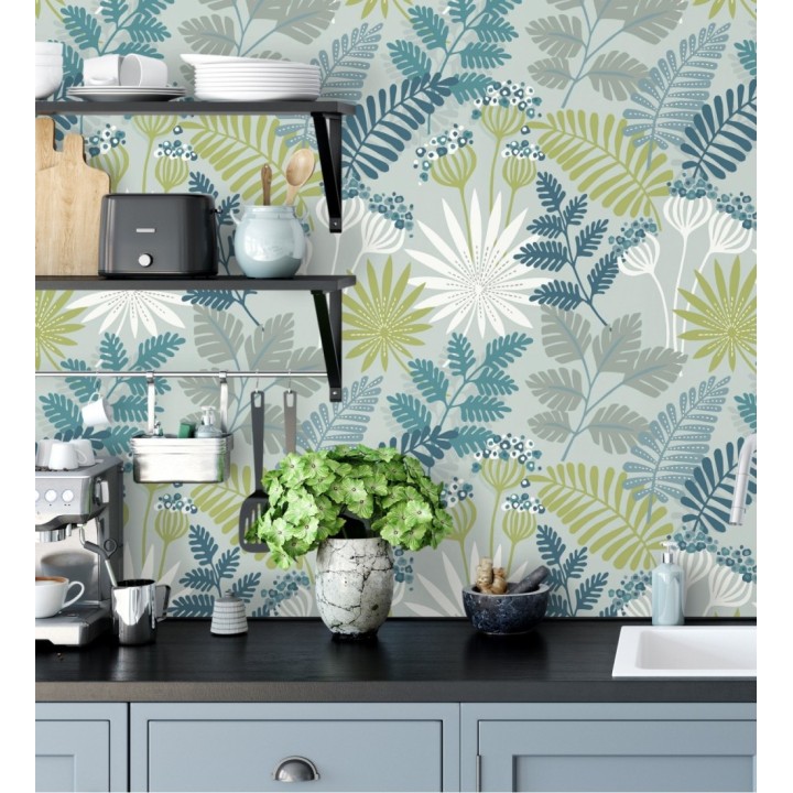 Papel pintado de flores y hojas color azul y verde - Irish Garden 682332