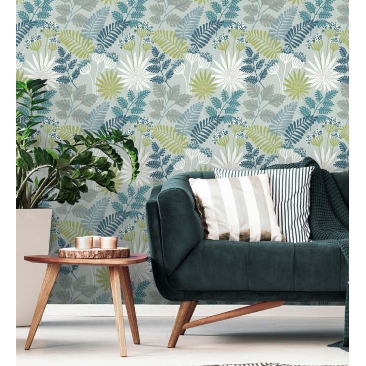 Papel pintado de flores y hojas color azul y verde - Irish Garden 682332