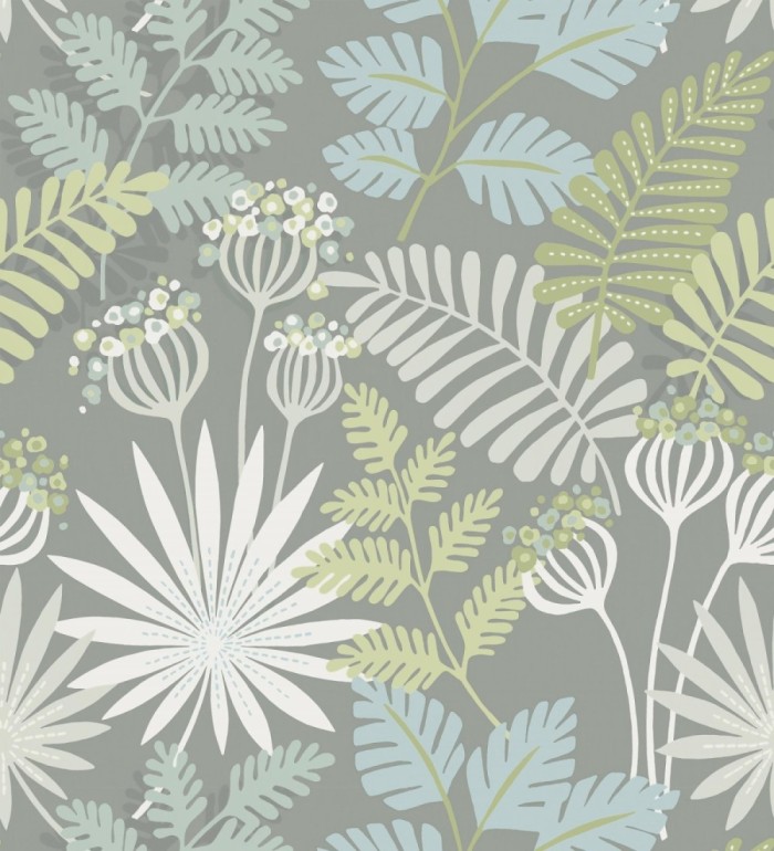 Papel pintado de flores y hojas color verde claro y gris - Irish Garden 682333