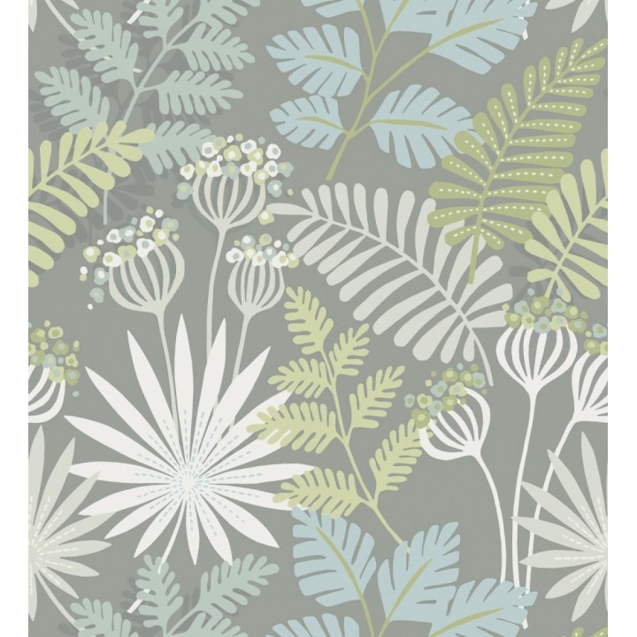 Papel pintado de flores y hojas color verde claro y gris - Irish Garden 682333