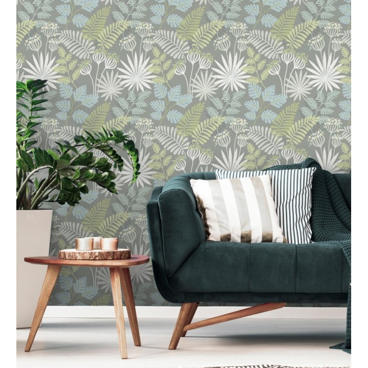 Papel pintado de flores y hojas color verde claro y gris - Irish Garden 682333