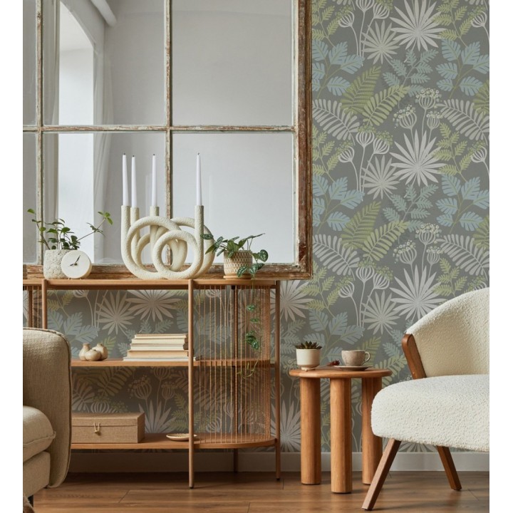 Papel pintado de flores y hojas color verde claro y gris - Irish Garden 682333