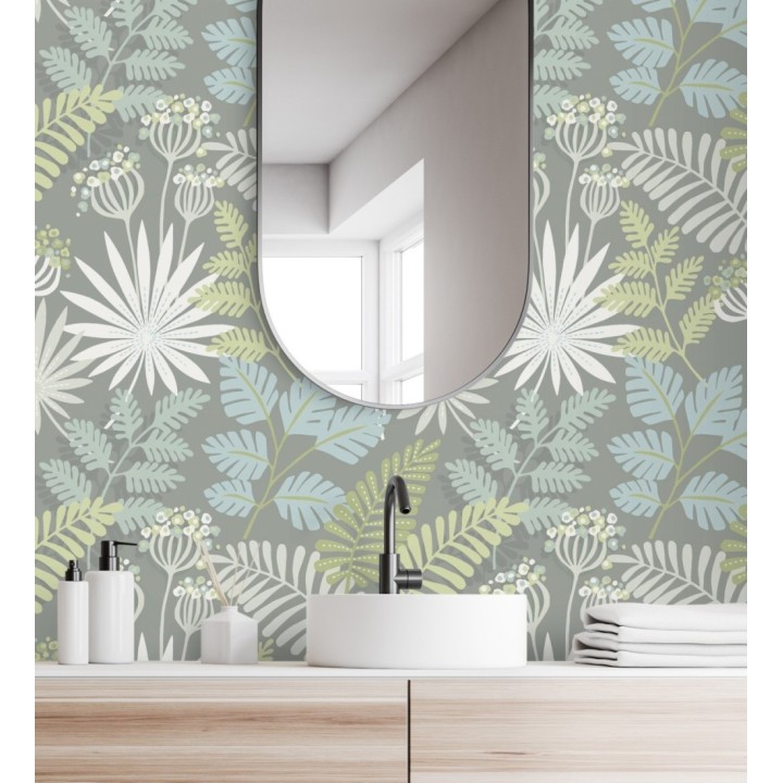 Papel pintado de flores y hojas color verde claro y gris - Irish Garden 682333