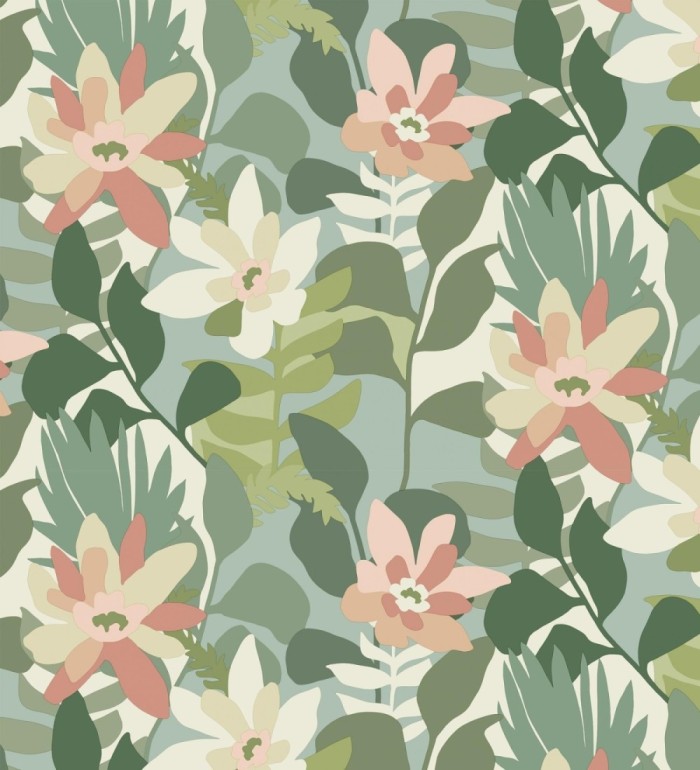 Papel pintado dibujo de flores tonos verdes y rosas - Beatriz Spring 682334