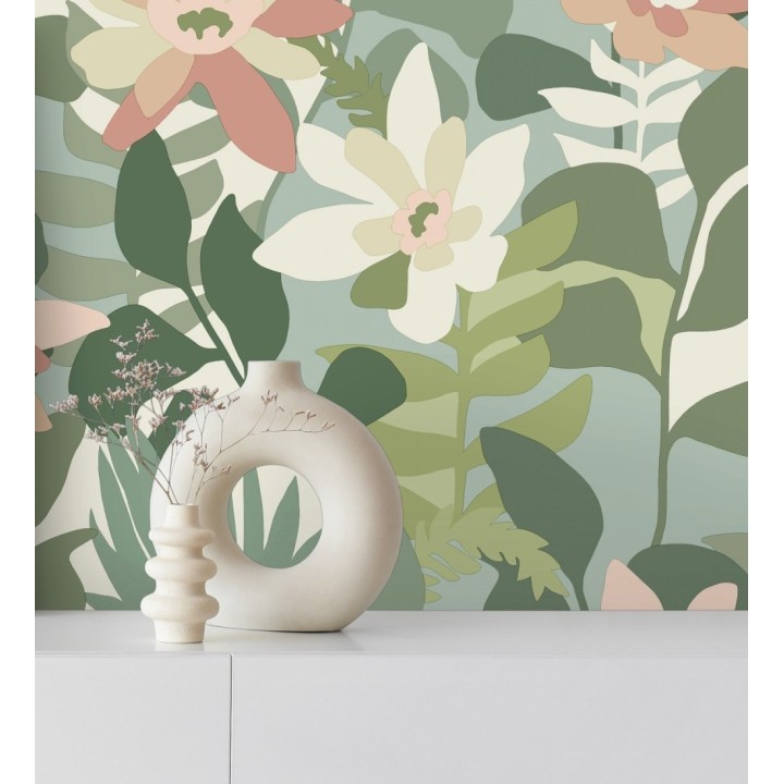 Papel pintado dibujo de flores tonos verdes y rosas - Beatriz Spring 682334