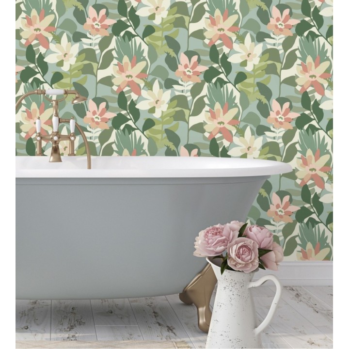 Papel pintado dibujo de flores tonos verdes y rosas - Beatriz Spring 682334