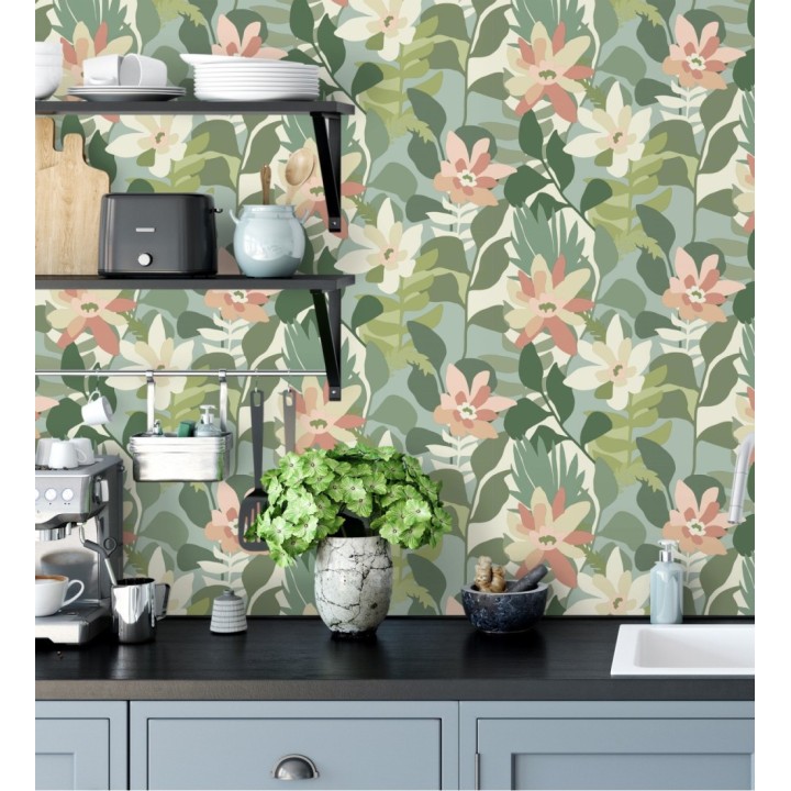 Papel pintado dibujo de flores tonos verdes y rosas - Beatriz Spring 682334