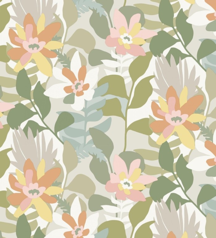 Papel pintado dibujo de flores tonos naranjas y verdes - Beatriz Spring 682335