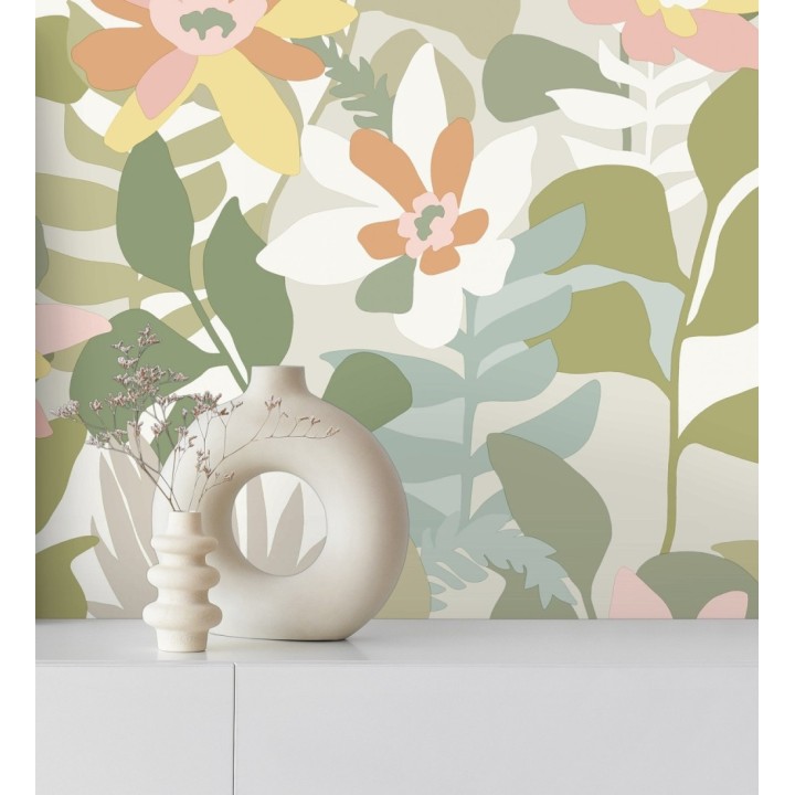 Papel pintado dibujo de flores tonos naranjas y verdes - Beatriz Spring 682335