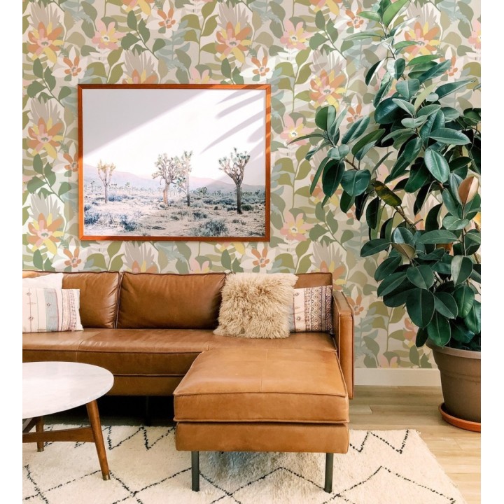 Papel pintado dibujo de flores tonos naranjas y verdes - Beatriz Spring 682335