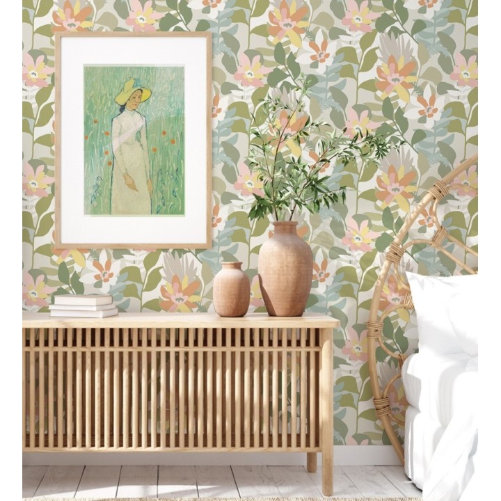 Papel pintado dibujo de flores tonos naranjas y verdes - Beatriz Spring 682335