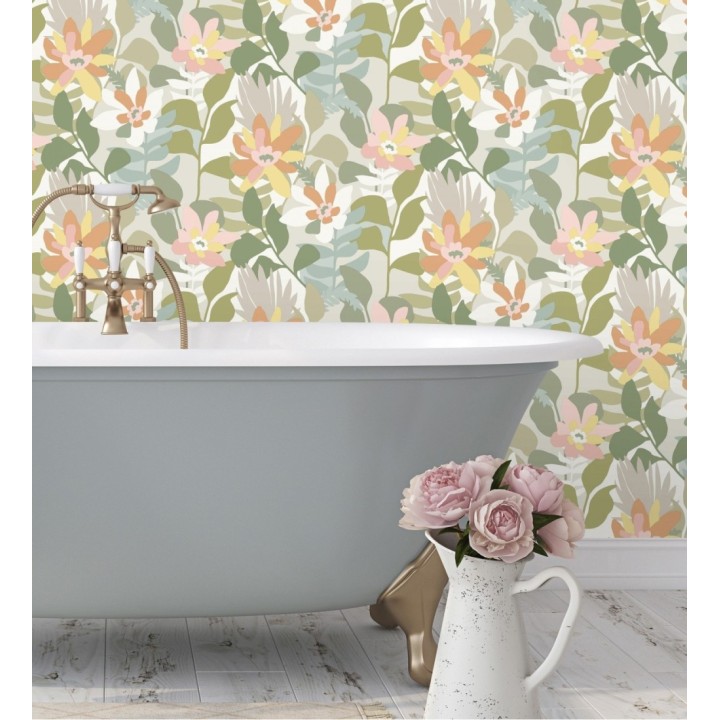 Papel pintado dibujo de flores tonos naranjas y verdes - Beatriz Spring 682335