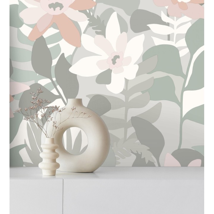 Papel pintado dibujo de flores tonos grises y rosas - Beatriz Spring 682336