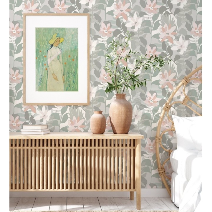 Papel pintado dibujo de flores tonos grises y rosas - Beatriz Spring 682336