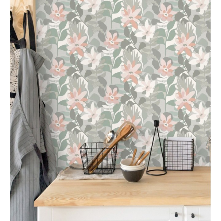 Papel pintado dibujo de flores tonos grises y rosas - Beatriz Spring 682336