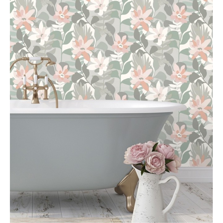 Papel pintado dibujo de flores tonos grises y rosas - Beatriz Spring 682336