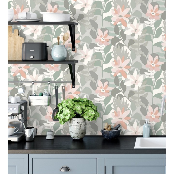 Papel pintado dibujo de flores tonos grises y rosas - Beatriz Spring 682336