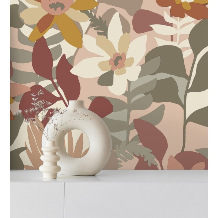 Papel pintado dibujo de flores tonos tierra y salmón - Beatriz Spring 682337