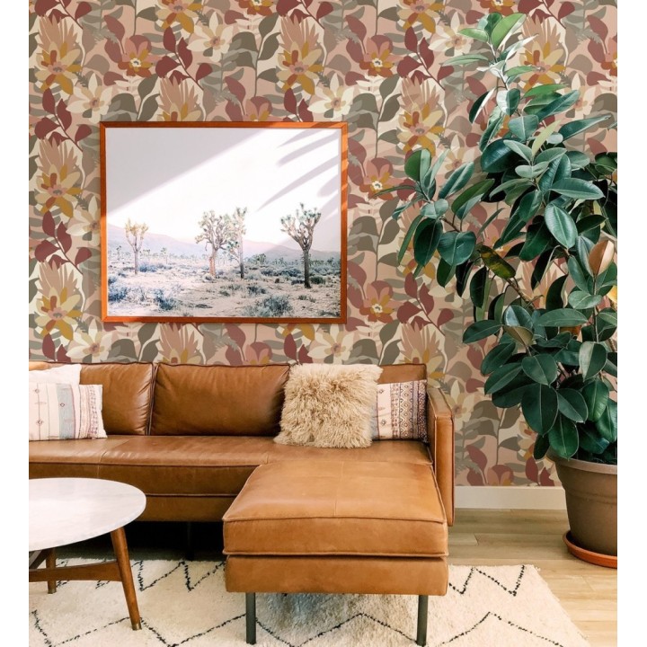 Papel pintado dibujo de flores tonos tierra y salmón - Beatriz Spring 682337