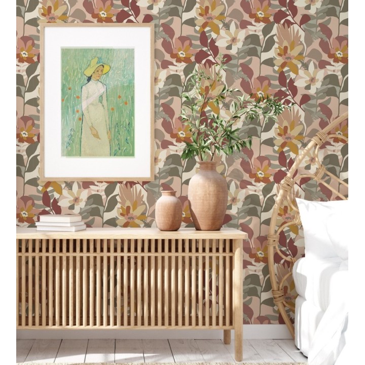 Papel pintado dibujo de flores tonos tierra y salmón - Beatriz Spring 682337