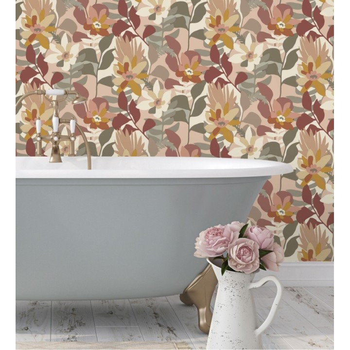 Papel pintado dibujo de flores tonos tierra y salmón - Beatriz Spring 682337