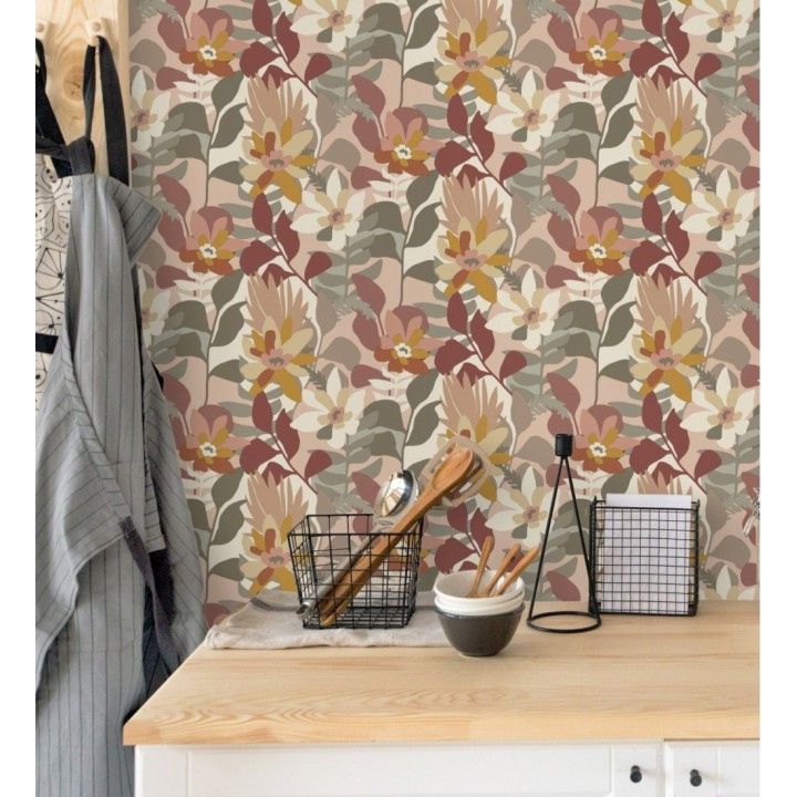 Papel pintado dibujo de flores tonos tierra y salmón - Beatriz Spring 682337