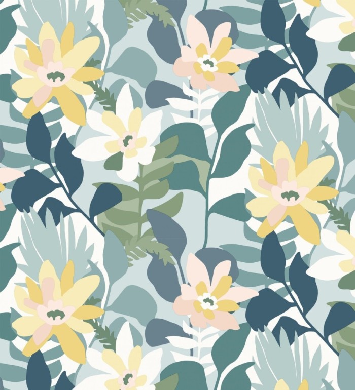 Papel pintado dibujo de flores tonos azules y amarillos - Beatriz Spring 682338