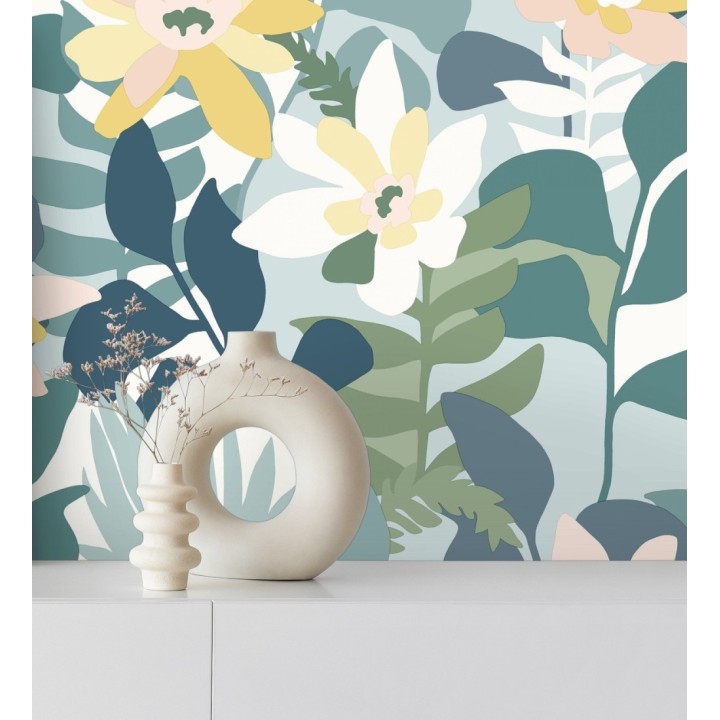 Papel pintado dibujo de flores tonos azules y amarillos - Beatriz Spring 682338