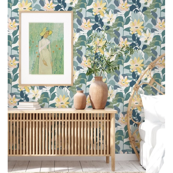 Papel pintado dibujo de flores tonos azules y amarillos - Beatriz Spring 682338