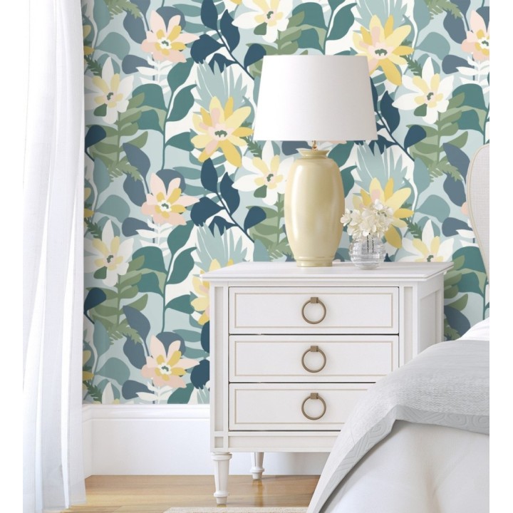 Papel pintado dibujo de flores tonos azules y amarillos - Beatriz Spring 682338