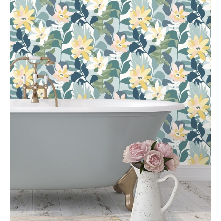 Papel pintado dibujo de flores tonos azules y amarillos - Beatriz Spring 682338