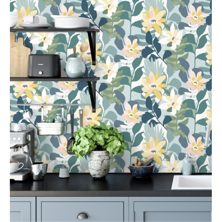 Papel pintado dibujo de flores tonos azules y amarillos - Beatriz Spring 682338