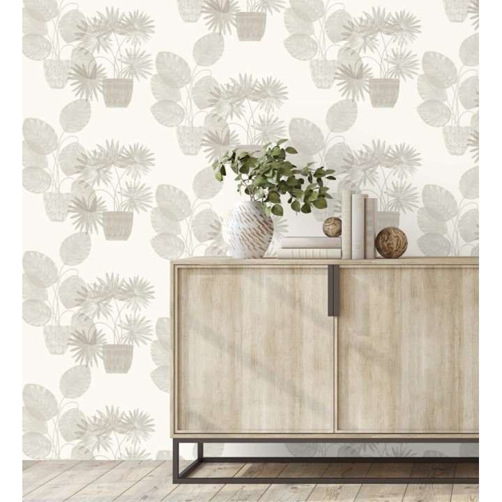 Papel pintado de macetas de hojas de palma beige - Imena Pots 682348