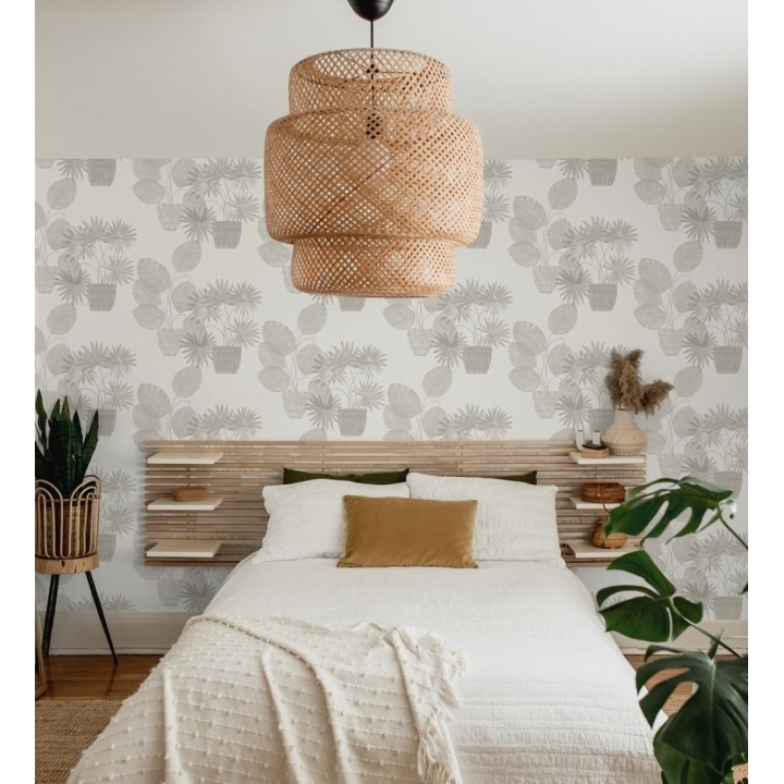 Papel pintado de macetas de hojas de palma beige - Imena Pots 682348